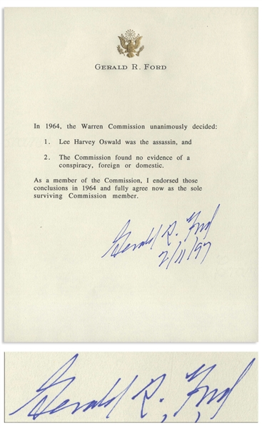 Gerald Ford Manuscript Signed Regarding the Warren Commission -- ''...I endorsed those conclusions in 1964 and fully agree now as the sole surviving Commission member...''